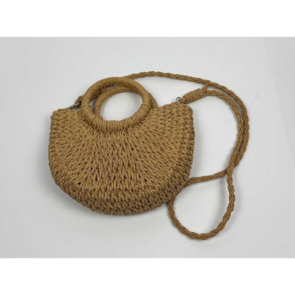 Woven Straw Half Moon Crossbody Bag Tan Boho Braided Shoulder Bag Circle Handle